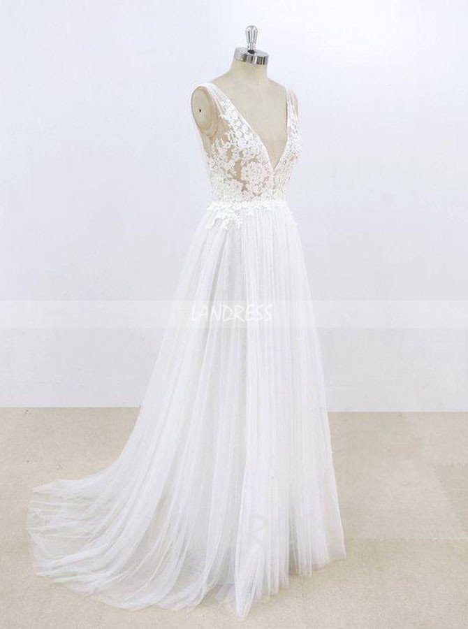 White Tulle Wedding Dresses,V-neck Wedding Dress,A-line Bridal Dress,11298
