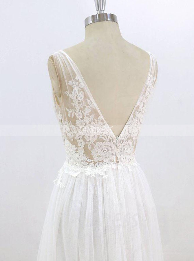 White Tulle Wedding Dresses,V-neck Wedding Dress,A-line Bridal Dress,11298