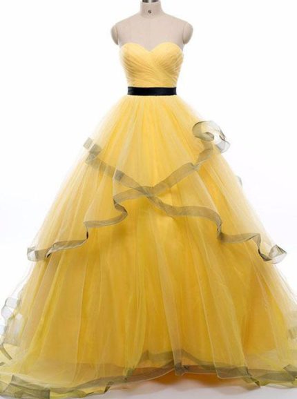 Yellow Prom Gown,Tulle Sweet 16 Dress,Sweetheart Prom Gown,12000
