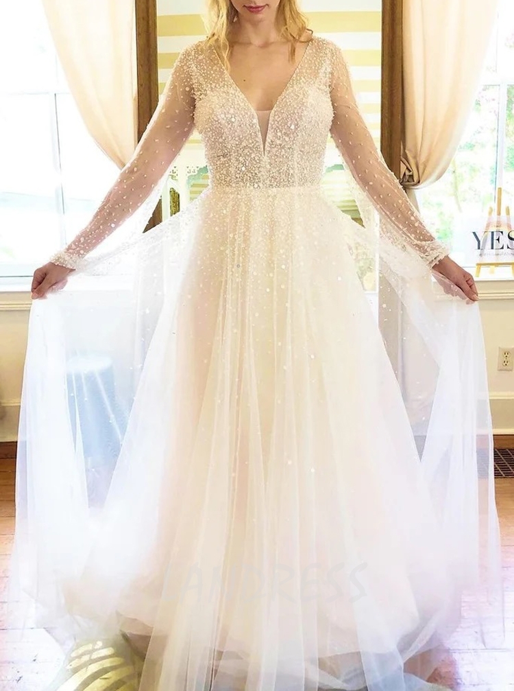 BlingBling Illusion Sleeve Plunging Neck Sequin-beaded Wedding Gown ...